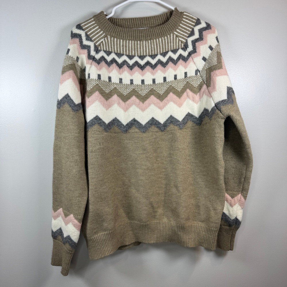 Wanna B Me Fair Isle‎ Knit Sweater Womens L Tan Boho Cozy Chevron Cottagecore